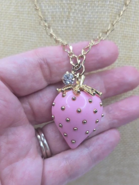 Pink Strawberry Pendant Necklace - Gold Chain - Picture 7 of 10